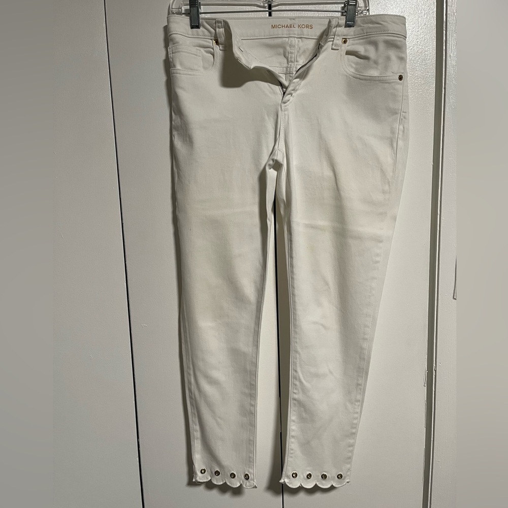 Michael Kors White Izzy Skinny Jeans with Gold Eyelet Accents at Hem